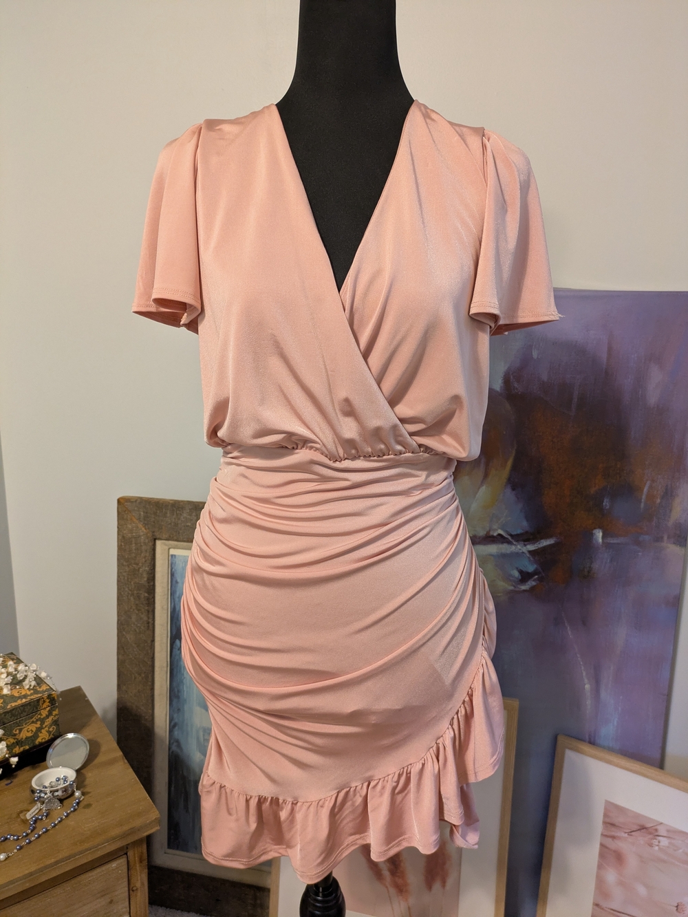 Blue Blush Pink Ruched Wrap Dress Size S Ruffle Flutter Blouson V Neck